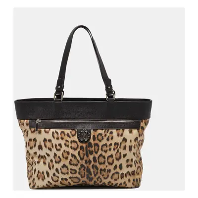 Roberto Cavalli Brown/Beige Leopard Print Fabric and Leather Front Zip Tote