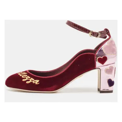 Dolce & Gabbana Burgundy Velvet L' Amore Block Heel Pumps Size