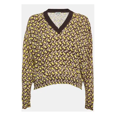 Kenzo Yellow Patterned Cotton Knit V-Neck Sweater