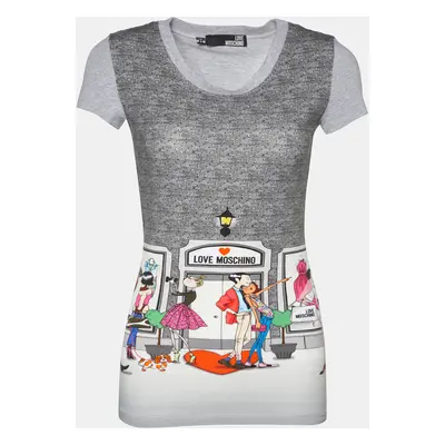 Love Moschino Grey Printed Cotton Knit Round Neck T-Shirt