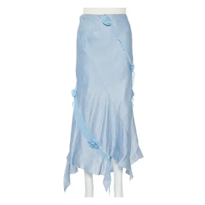 Emporio Armani Blue Linen & Silk Floral Applique Trim Detail Midi Skirt