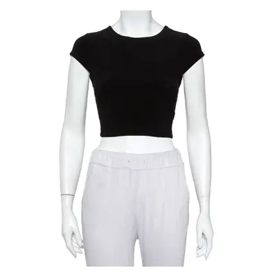 Alice + Olivia Black Knit Back Open Detail Short Sleeve Crop Top