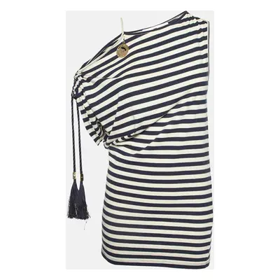 Elisabetta Franchi Jeans Marine Blue Striped Jersey Asymmetric Top