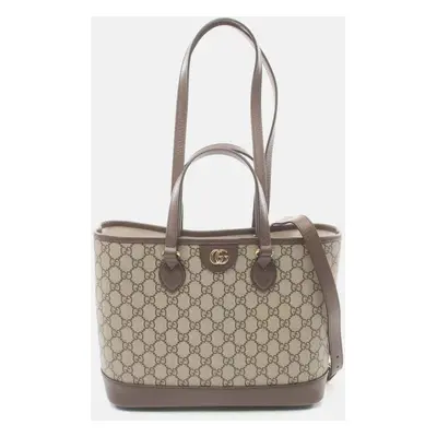 Gucci Beige Brown Coated Canvas Leather Ophidia Small GG Supreme Tote Bag