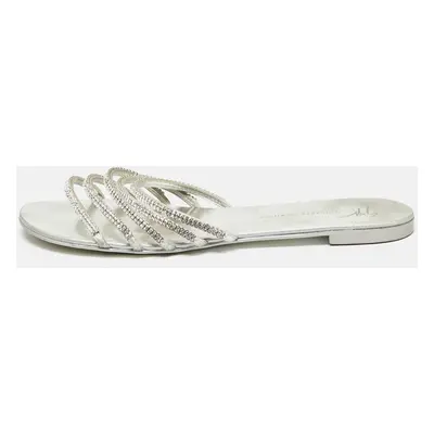 Giuseppe Zanotti Silver Crystal Embellished Leather Strappy Slides Size