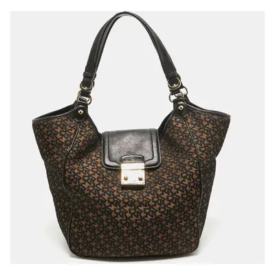 DKNY Black/Brown Monogram Jacquard Fabric and Leather Tote