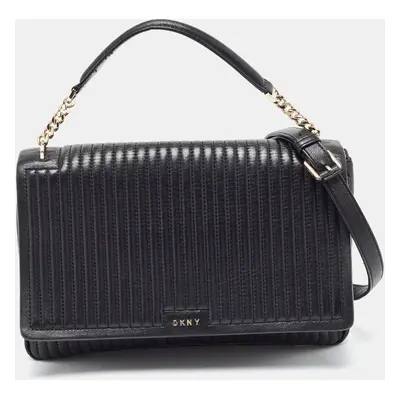 DKNY Black Pinstripe Quilted Leather Gansevoort Flap Top Handle Bag