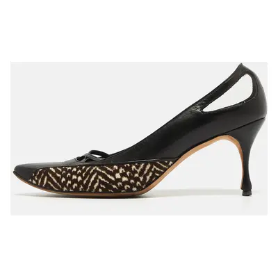 Manolo Blahnik Black/Brown Leather and Calf Hair Almond Toe Pumps Size