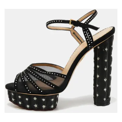 Charlotte Olympia Black Suede and Mesh Cactus Crystal Studded Ankle Strap Platform Sandals Size