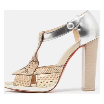 Christian Louboutin Sliver/Beige Python Leather And Foil Leather Ankle Strap Sandals Size