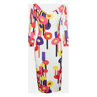 Just Cavalli White Floral Print Stretch Knit Midi Dress