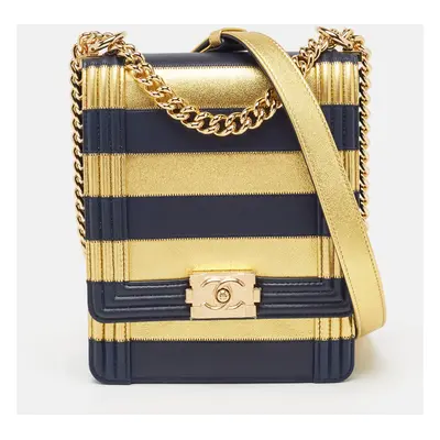 Chanel Navy Blue/Gold Leather Paris-New York North/South Boy Bag