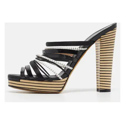 Fendi Black Leather and Satin Strappy Platform Slide Sandals Size