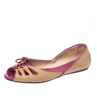 Tod's Brown Leather And Patent Trim Peep Toe Ballet Flats Size