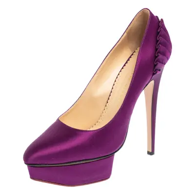 Charlotte Olympia Purple Satin Paloma Fan Pleat Platform Pumps Size 38.5