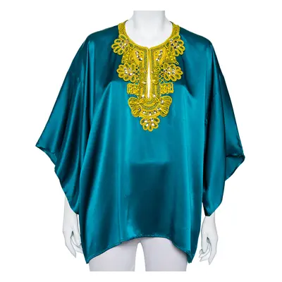 Oscar de la Renta Green Silk Satin Embellished Neck Detail Oversized Top