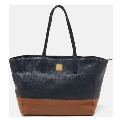 MCM Blue/Brown Leather Zip Shopper Tote