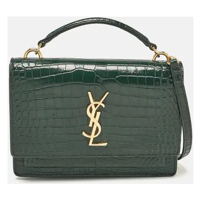 Saint Laurent Green Croc Embossed Leather Sunset Wallet on Chain