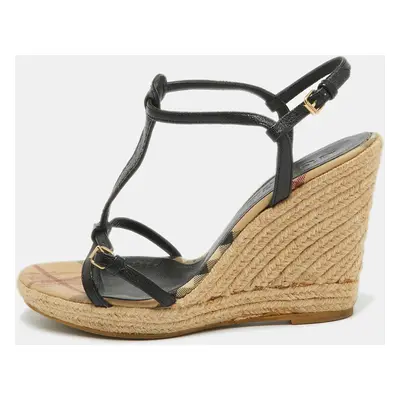 Burberry Black Leather T-Bar Espadrille Wedge Sandals Size