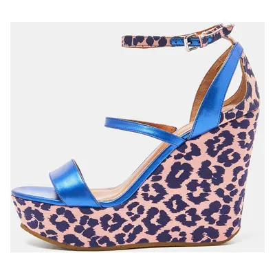 Marc by Marc Jacobs Blue/Pink Leather and Animal Print Fabric Wedge Ankle Strap Sandals Size