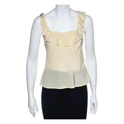 Love Moschino Cream Silk Ruffled Neck Sleeveless Top