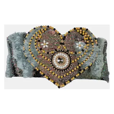 Reem Acra Multicolor Lurex Jacquard & Faux Fur Beaded Heart Detail Waist Belt