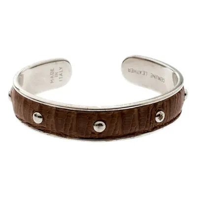 Tod's Brown Embossed Leather Silver Tone Studded Narrow Cuff