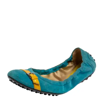 Tod's Blue/Yellow Suede And Patent Trim Buckle Detail Scrunch Ballet Flats Size