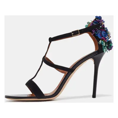 Malone Souliers Black Suede Floral Embellished Ankle Strap Sandals Size