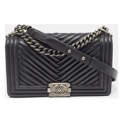 Chanel Black Chevron Pleated Leather Medium Boy Flap Bag