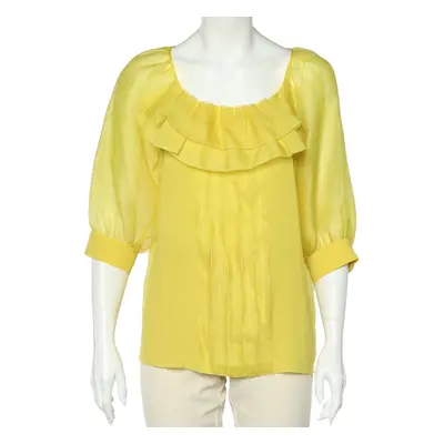 Oscar De La Renta Yellow Silk Organza Ruffle Detail Sheer Top