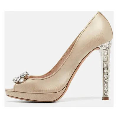 Miu Miu Light Brown Satin Crystal Embellished Heel Peep Toe Platform Pumps Size