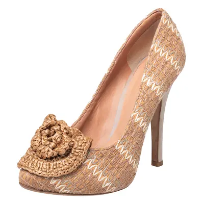 Dolce & Gabbana Beige Raffia And Fabric Flower Pumps Size