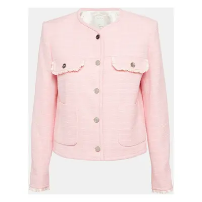 Sandro Pink Tweed Button Front Ruffled Jacket