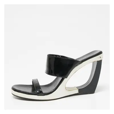 Gucci Black Patent Leather Cut-Out Wedge Slide Sandals Size