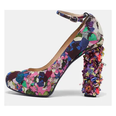 Nicholas Kirkwood Multicolor Printed Fabric Embellished Heel Ankle Strap Pumps Size