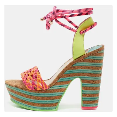 Sophia Webster Multicolor Woven Leather Jade Cork Platform Ankle Wrap Sandals Size