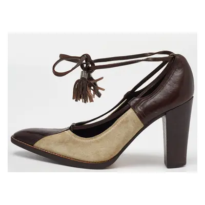 Yves Saint Laurent Brown/Beige Suede and Leather Fringe Detail Ankle Wrap Pumps Size