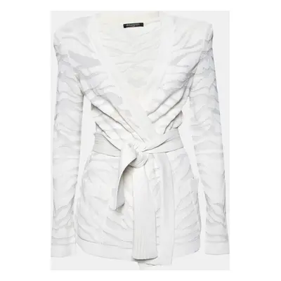 Balmain White Zebra Textured Knit Belted Wrap Cardigan