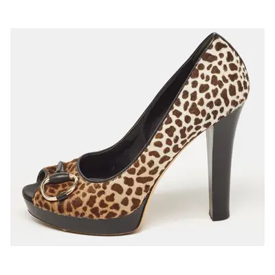 Gucci Brown/Beige Animal Print Calf Hair Icon Bit Peep Toe Platform Pumps Size