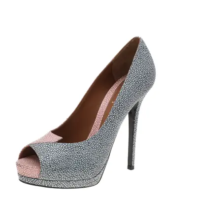 Fendi Pink/Blue Textured Leather Peep Toe Platform Pumps Size