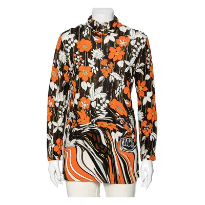 Prada Orange Floral Printed Jersey Long Sleeve Turtleneck Top