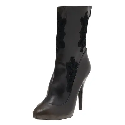 Dolce & Gabbana Dark Brown/Black Leather and Lace Ankle Boots Size