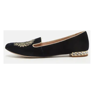 Miu Miu Navy Blue Velvet Embroidered Crystal Embellished Smoking Slippers Size 36.5