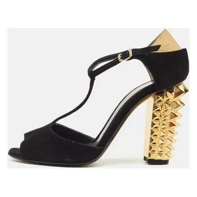 Fendi Black/Gold Suede And Embossed Leather Studded Heel T-Strap Sandals Size