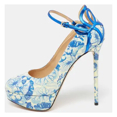 Charlotte Olympia Blue/White Ming Koi Carp Print Patent Leather Ankle Strap Pumps