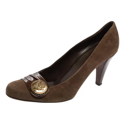 Gucci Brown Suede And Pleated Patent Leather Logo Buckle Pumps Size 38.5