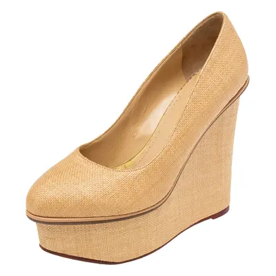 Charlotte Olympia Cream Yellow Raffia Carmen Wedge Platform Pumps Size