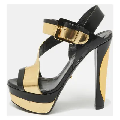 Sergio Rossi Black/Gold Leather Platform Ankle Strap Sandals Size 35.5