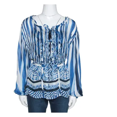 Roberto Cavalli Blue and White Deco Print Silk Tie Up Blouse